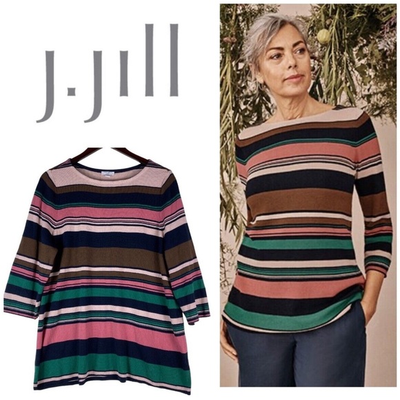 J. Jill Women’s Sweater Colorful Striped Tunic MEDIUM Long Sleeve Cotton Blend - Picture 1 of 8